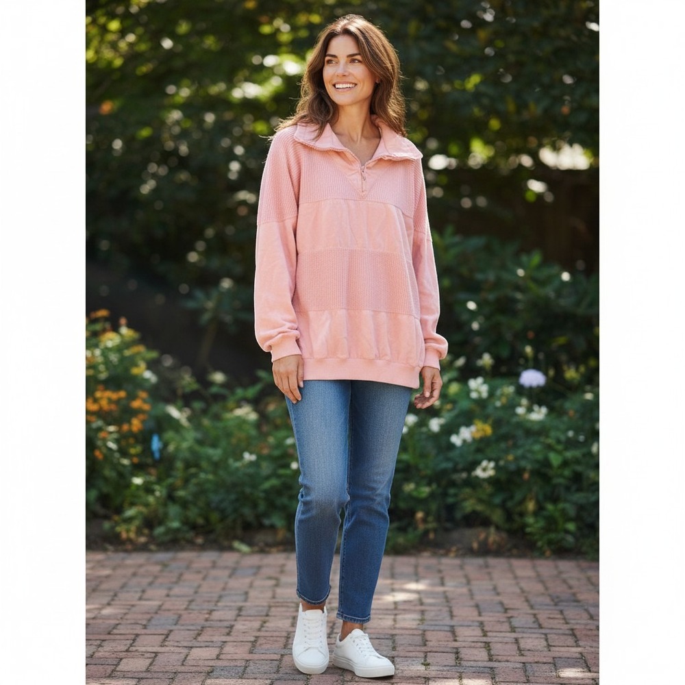 Lavon Quarter Zip Pullover Sweatshirt Large Pink Excellent Vintage Mixed Texture